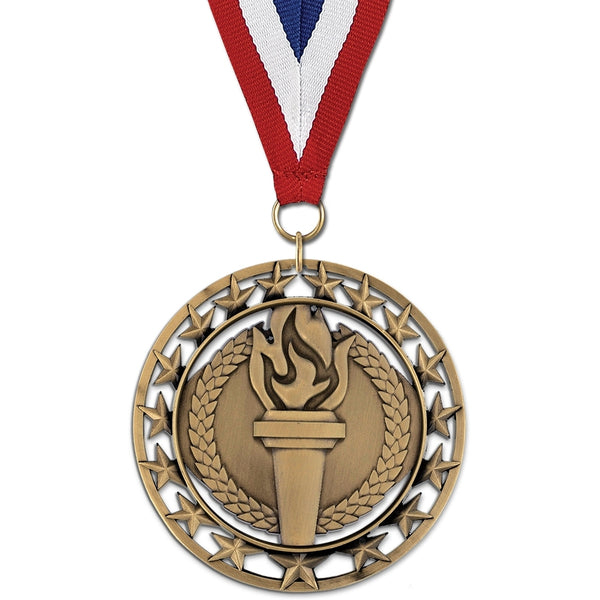 2-3/4" Custom Rising Star Award Medal With Red/White/Blue Or Year Grosgrain Neck Ribbon