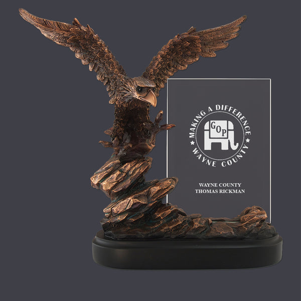 9-1/2" Bronze Resin Eagle With Engraved Glass