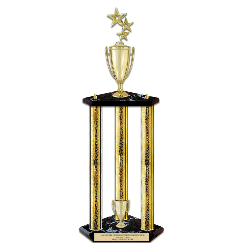 26" Custom 3 Column Black Base Award Trophy With Loving Cup & Figurine