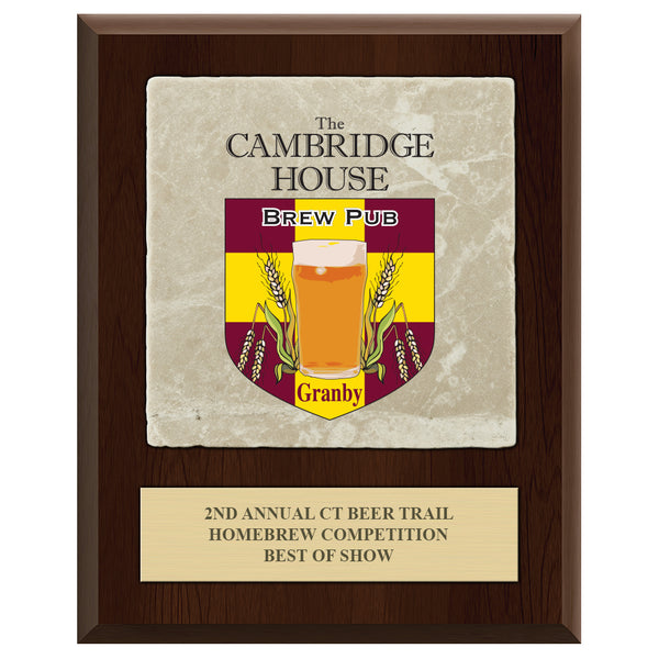 7" x 9"  Full Color Award Plaque  - Cherry Finish w/ Tumbled Stone Tile & Engraved Plate