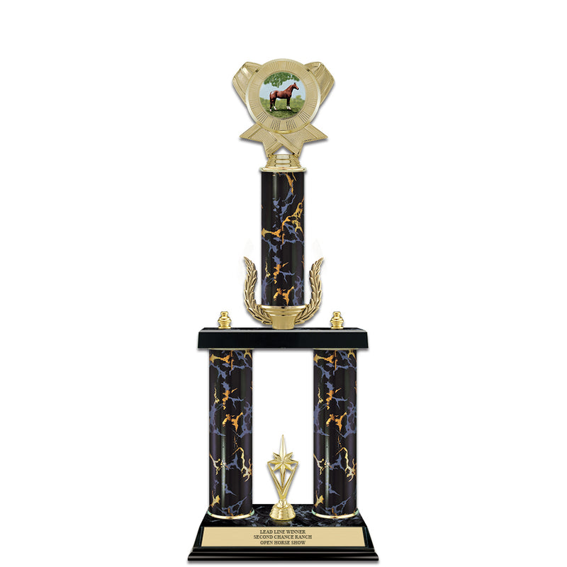 20" Custom 3 Column Black/Gold Award Trophy w/Wreath, Trim & Insert Top