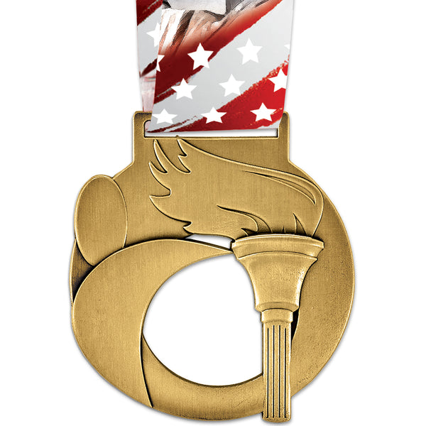 3-1/2" Stock Atlas Award Medal With Millennium Liberty Neck Ribbon