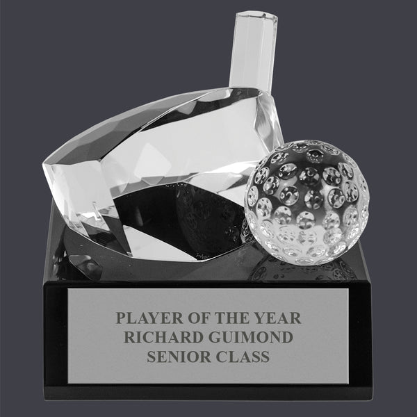 Optical Crystal Golf Award Trophy w/ Attached Black Optical Crystal Base