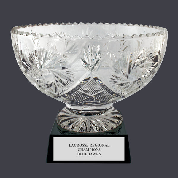 9-1/4" Custom Engraved Sunburst Optical Crystal Award Bowl With Base