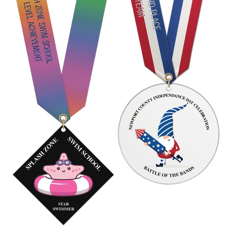 3-1/2" Standard Shape Custom Acrylic Medal With Specialty Satin Neck Ribbon