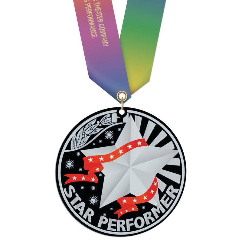 3-1/2" Stock Acrylic Laser Cut Medal With Custom Specialty Satin Neck Ribbon