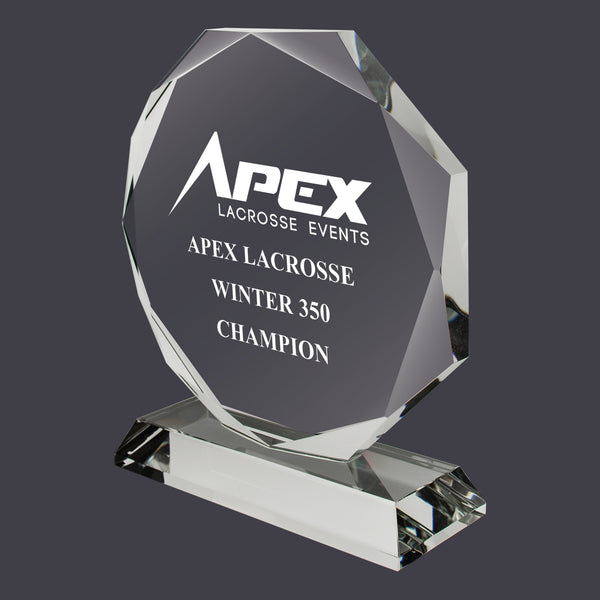 7" x 6-1/4" Custom Engraved Octagon Optical Crystal With Attached Base