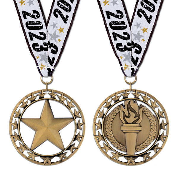 2-3/4" Custom Rising Star Award Medal With 2023 Grosgrain Neck Ribbon