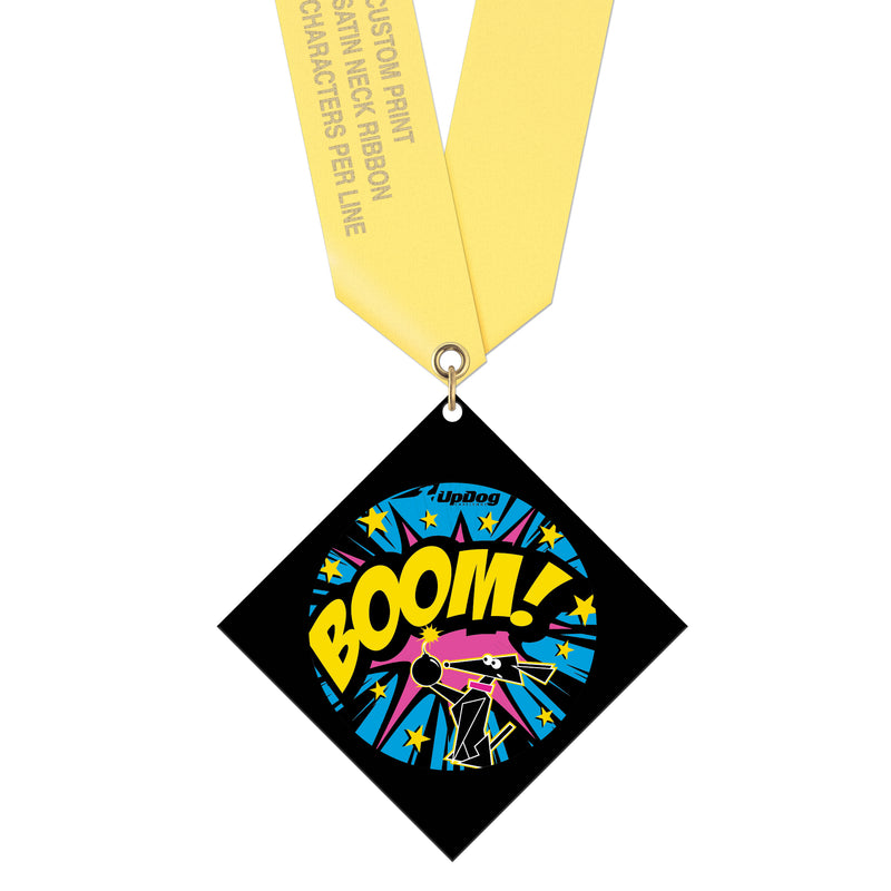 3 1/2" Standard Shape Custom Black Acrylic Medal With Satin Neck Ribbon