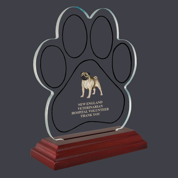 5-1/2" Custom Full Color Small Paw Print Shaped Acrylic With Rosewood Base