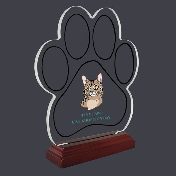 9-1/8" Full Color Large Paw Print Shaped Acrylic With Rosewood Base