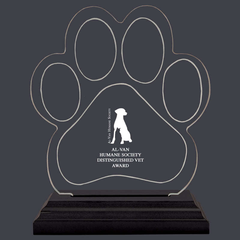 Engraved Small Paw Print Shaped Acrylic Trophy w/ Black Base
