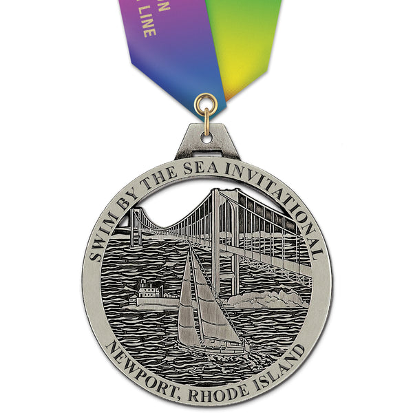 3" HH Custom Award Medal With Specialty Satin Neck Ribbon