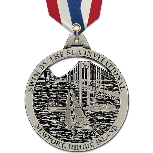 3-1/2" Custom HE Award Medal With Specialty Satin Neck Ribbon