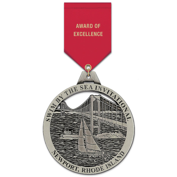 3-1/2" Custom HE Award Medal With Satin Drape Ribbon