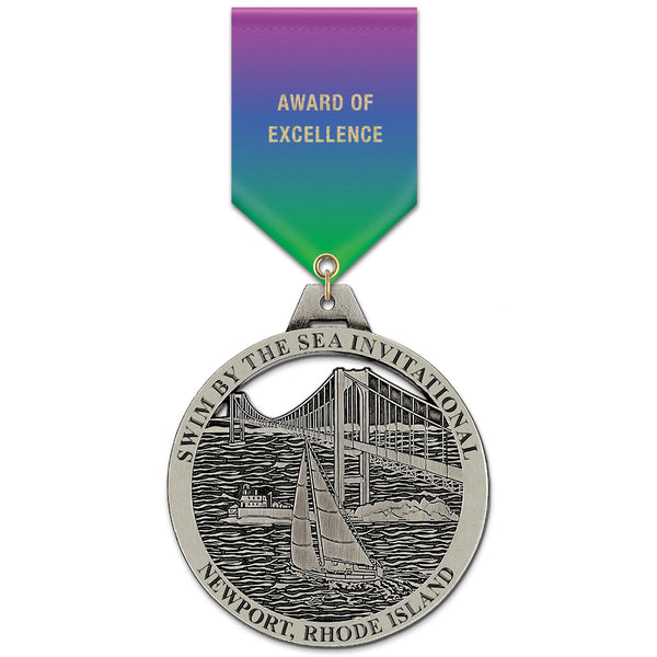 3" HH Custom Award Medal With Specialty Satin Drape Ribbon.
