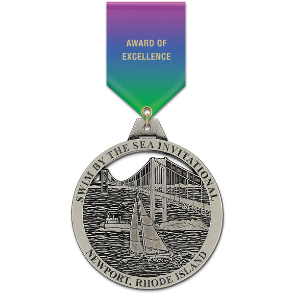 3-1/2" Custom HE Award Medal With Specialty Satin Drape Ribbon