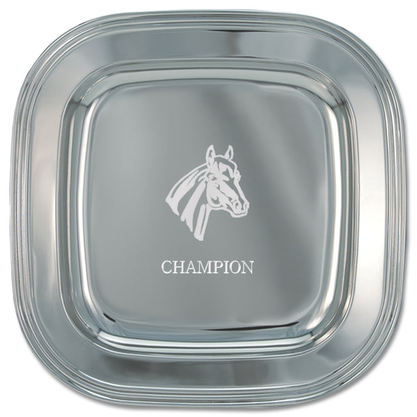 8" Engraved Silver Award Tray With Horse Stock Logo And Place