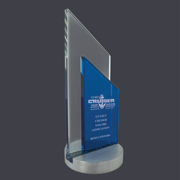 Blue and Clear Glass Peak Award Trophy