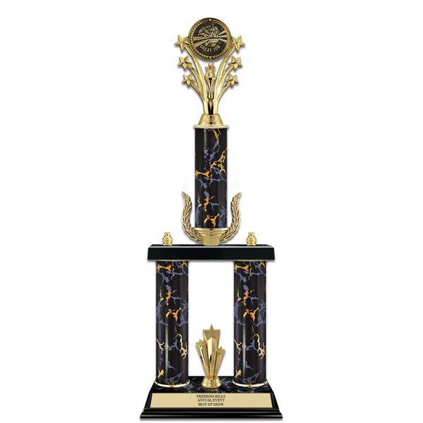 20" Custom 3 Column Black/Gold Award Trophy w/Wreath, Trim & Insert Top