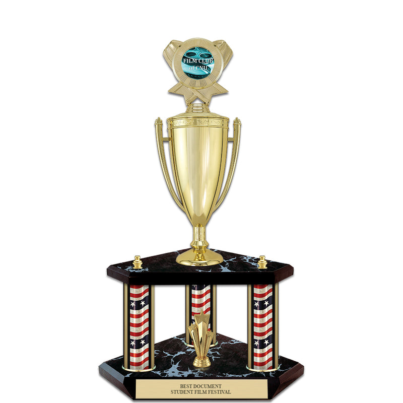 20" Custom 3 Column Black Base Award Trophy With Loving Cup & Insert Top