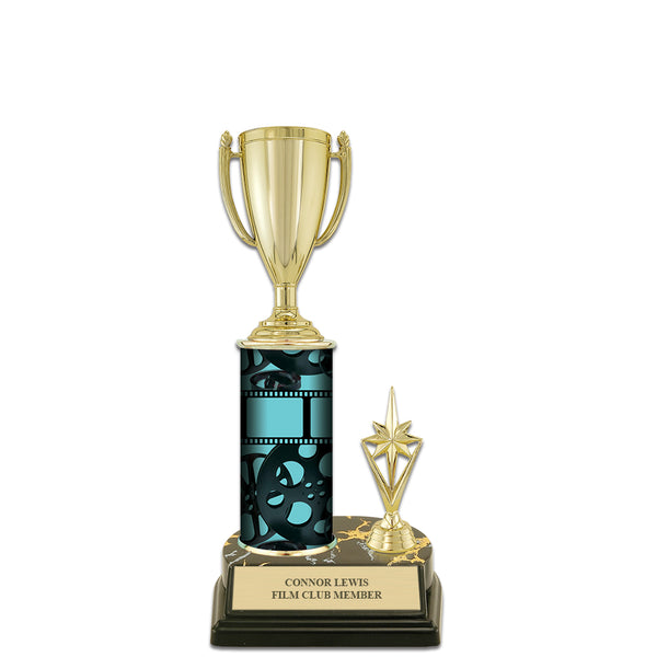 10" Custom Black Base Award Trophy With Trim, Figurine Top, And Custom Column
