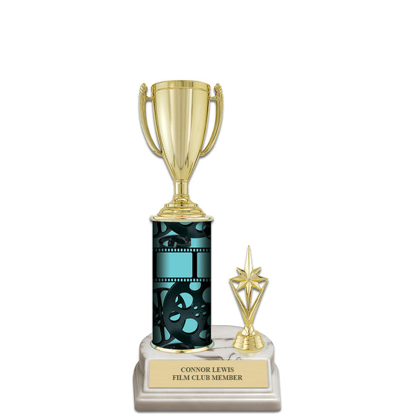 10" White Base Award Trophy With Trim, Figurine Top, And Custom Column