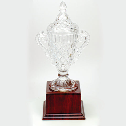 13-1/2" Custom Engraved Optical Crystal Award With Rosewood Base
