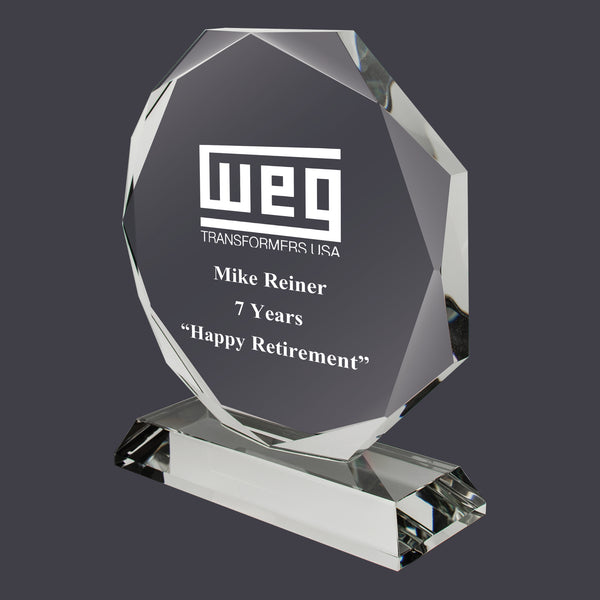 6-1/4" x 5-3/8" Custom Engraved Octagon Optical Crystal With Attached Base