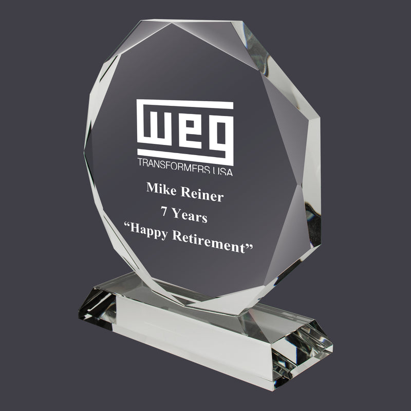 6-1/4" x 5-3/8" Custom Engraved Octagon Optical Crystal With Attached Base