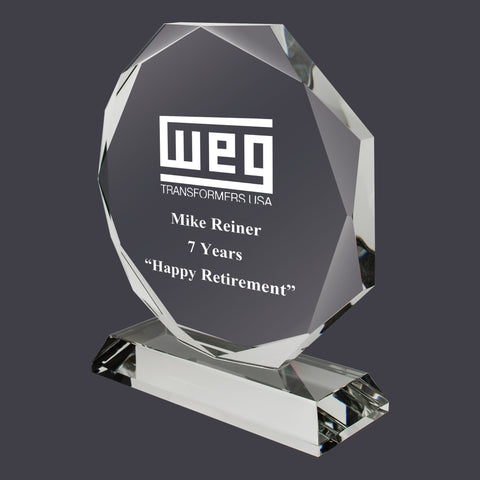 6-1/4" x 5-3/8" Custom Engraved Octagon Optical Crystal With Attached Base