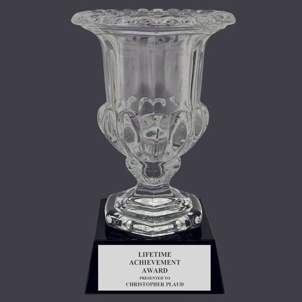 7-1/2" Custom Engraved Tulip Optical Crystal Trophy With Attached Base