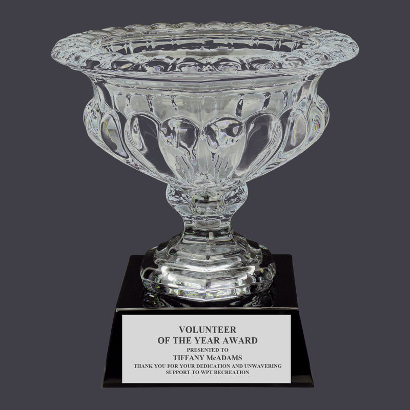 6" Custom Engraved Elmwood Optical Crystal Trophy With Attached Base