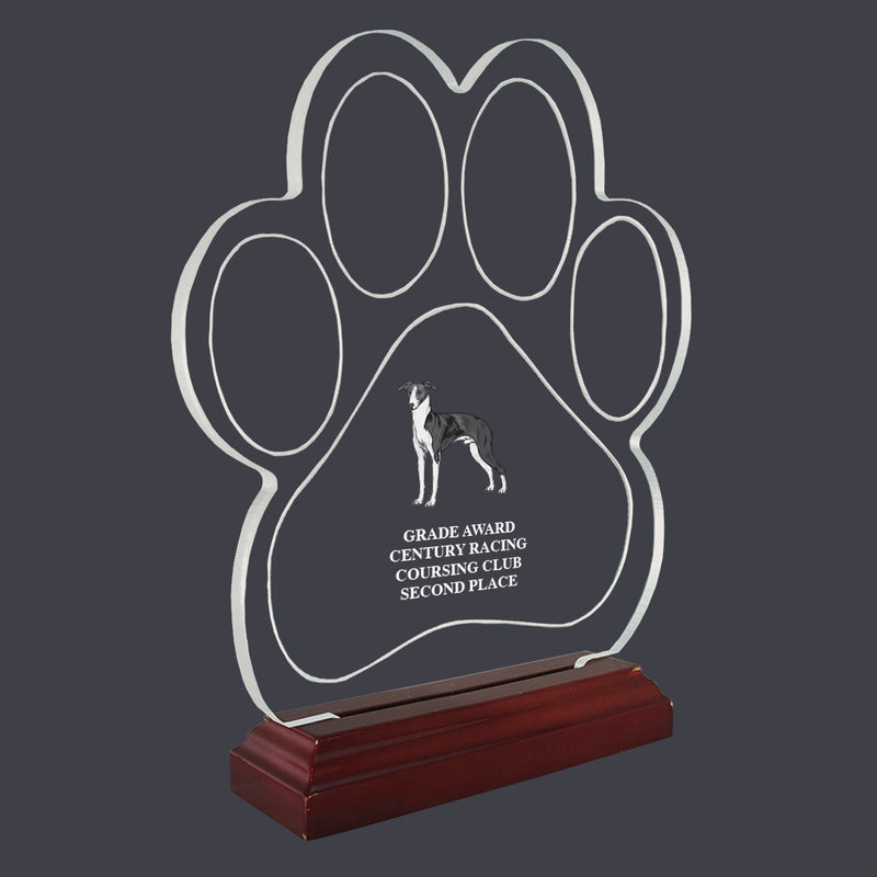 9-1/8" Full Color Large Paw Print Shaped Acrylic With Rosewood Base