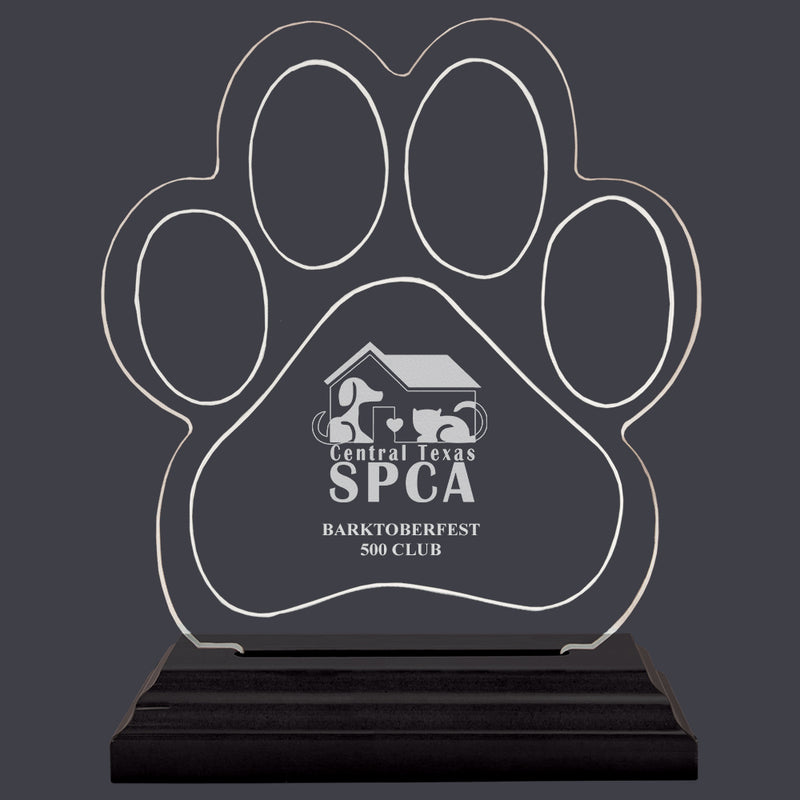 Engraved Small Paw Print Shaped Acrylic Trophy w/ Black Base