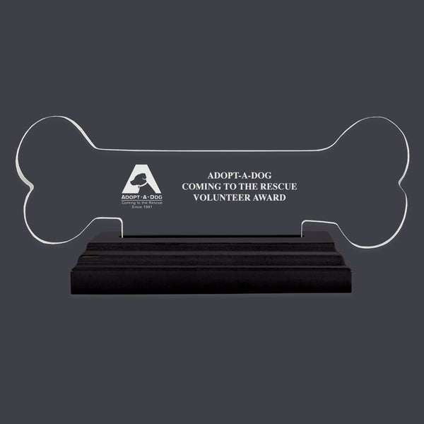 Engraved Dog Bone Shaped Acrylic Trophy w/ Black Base