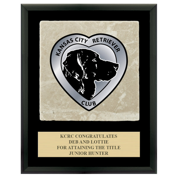 7" x 9" Custom Full Color Black Plaque With Tumbled Stone Tile & Engraved Plate