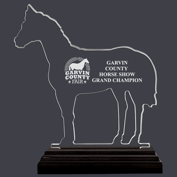 Engraved Horse Shaped Acrylic Trophy w/ Black Base