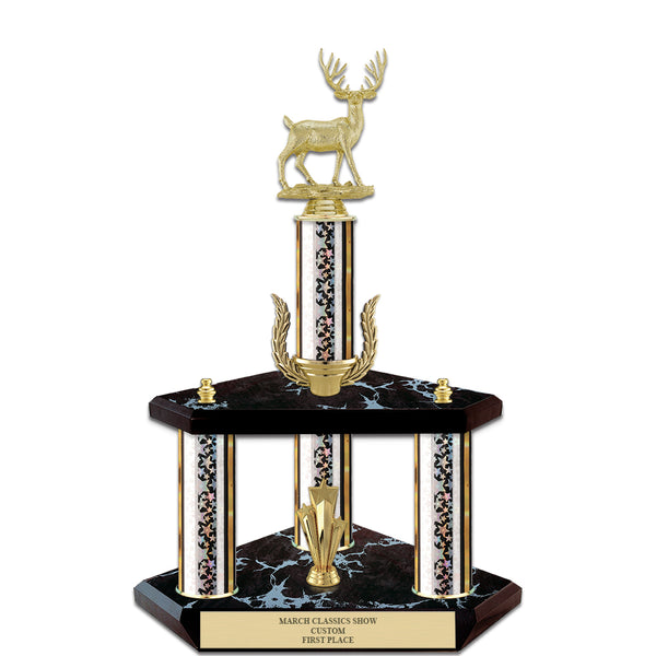 15" Custom 3 Column Black Base Award Trophy With Wreath & Figurine