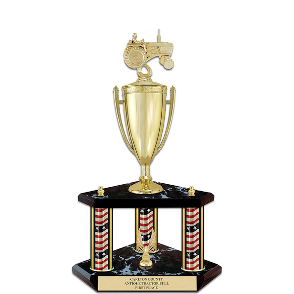 20" Custom 3 Column Black Base Award Trophy With Loving Cup & Trim