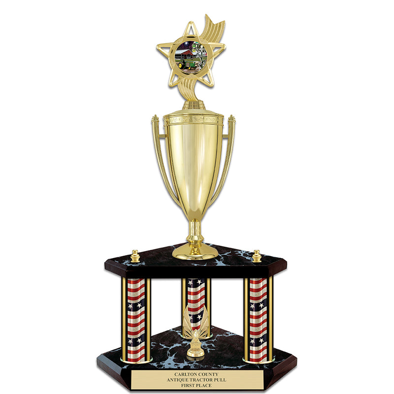 20" Custom 3 Column Black Base Award Trophy With Loving Cup & Insert Top