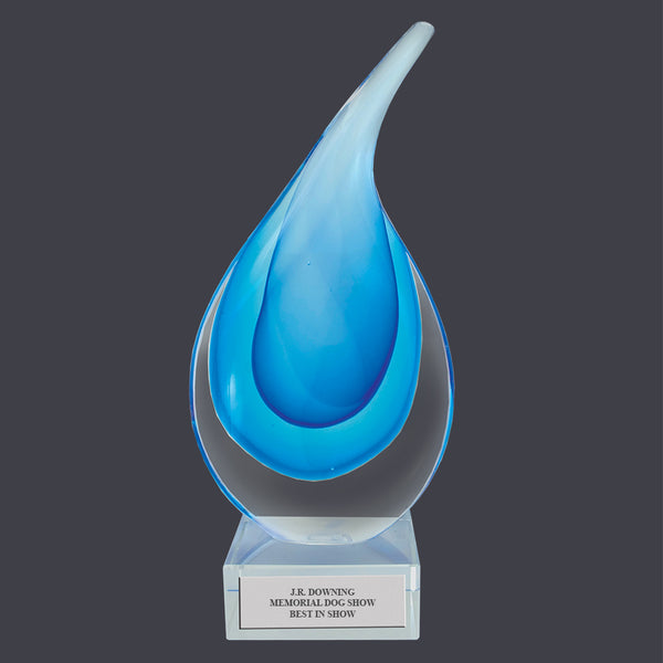 8-1/2" Custom Engraved Blue and Clear Glass Raindrop Trophy