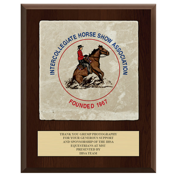 8" x 10"  Full Color Award Plaque  - Cherry Finish w/ Tumbled Stone Tile & Engraved Plate