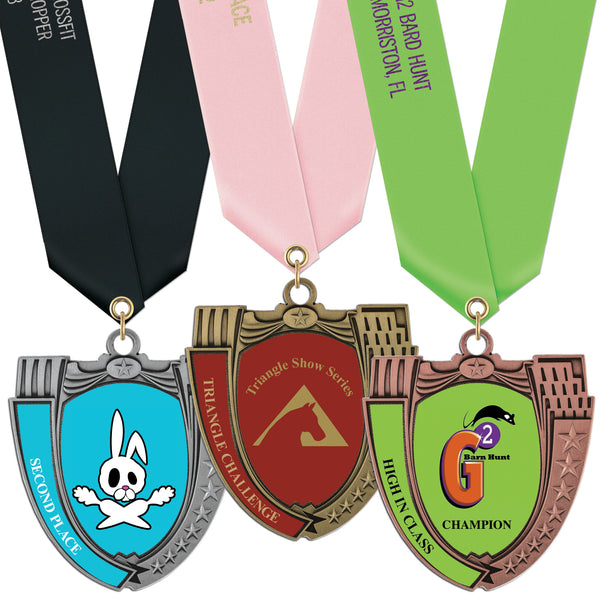2-3/4" Custom MS14 Mega Shield Award Medals With Satin Neck Ribbon