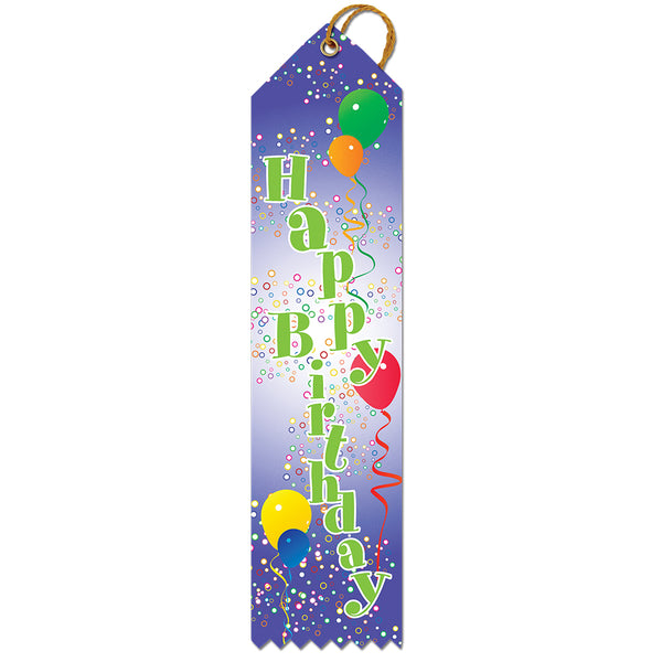 2" X 8" Stock Multicolor Point Top Happy Birthday Balloon Award Ribbon