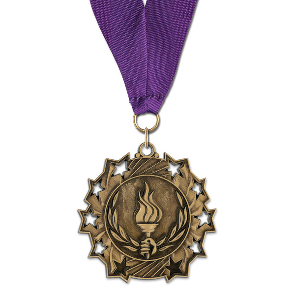 2-1/4" Custom Ten Star Award Medal with Grosgrain Neck Ribbon