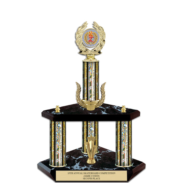 15" Custom 3 Column Black Base Award Trophy With Wreath & Insert Top